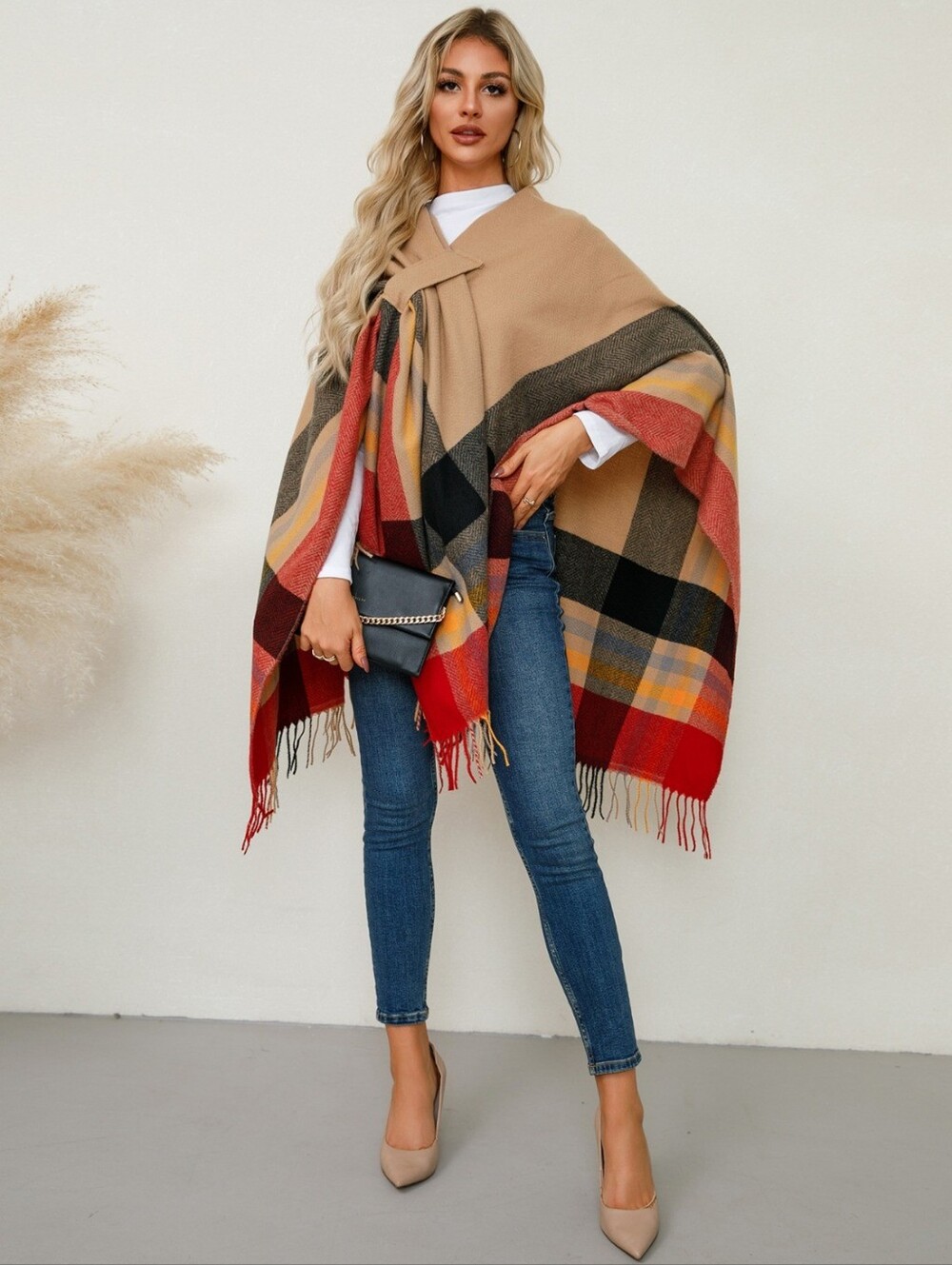 Beige Plaid Fringe Poncho Wrap - Picture 4 of 7